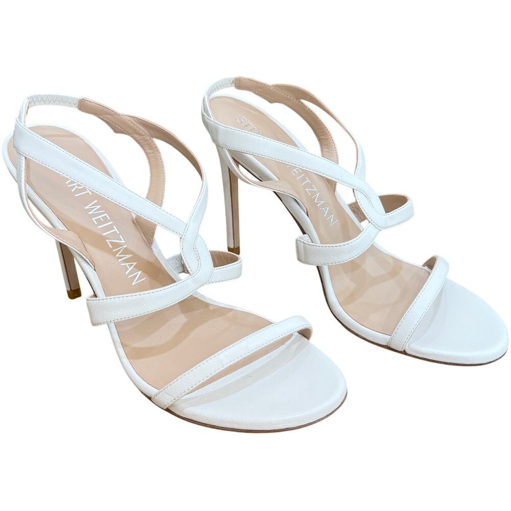 STUART WEITZMAN Soiree 100 Sandals Size 8 White Leather 3.9" Heels